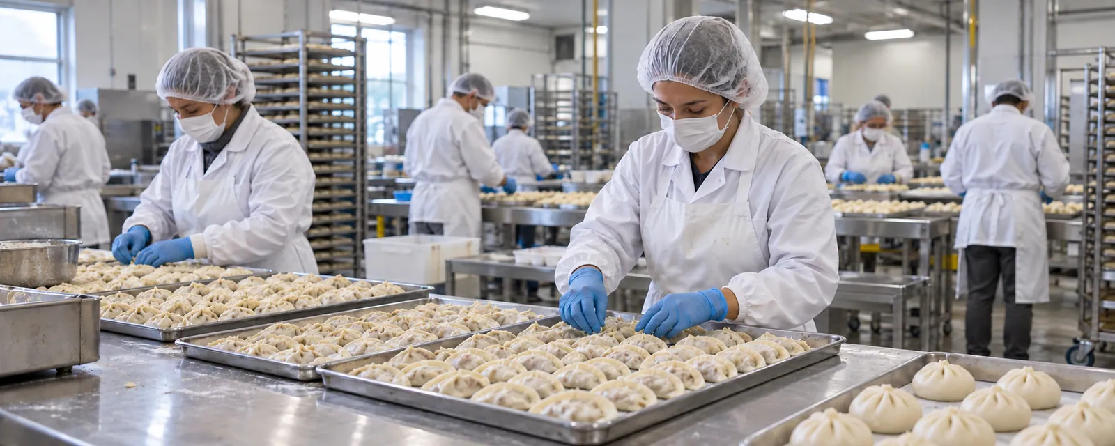 Producción moderna de gyozas y pan bao